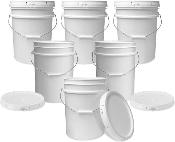 5 Gallon White Bucket & Lid - Durable 90 Mil All Purpose Pail - Food Grade - BPA Free Plasti (5 Gal. W/Lids - 6pk)