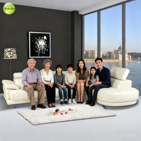 Art Deco White Leather Corner Sofa: Geometric Accents, Luxe Finish – Elevate City - facing Interiors