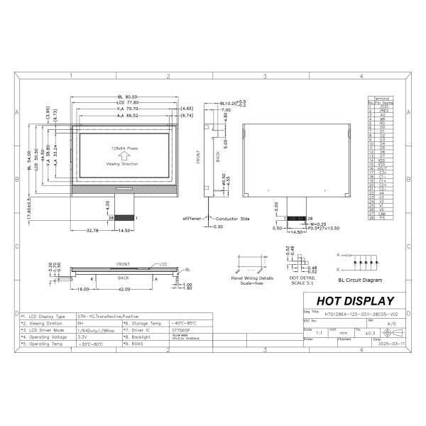 COG LCD Display 12864 White and blue dot matrix high definition display 3.3V Suitable for instrumentation Wide temperature HTG12864-125-11W