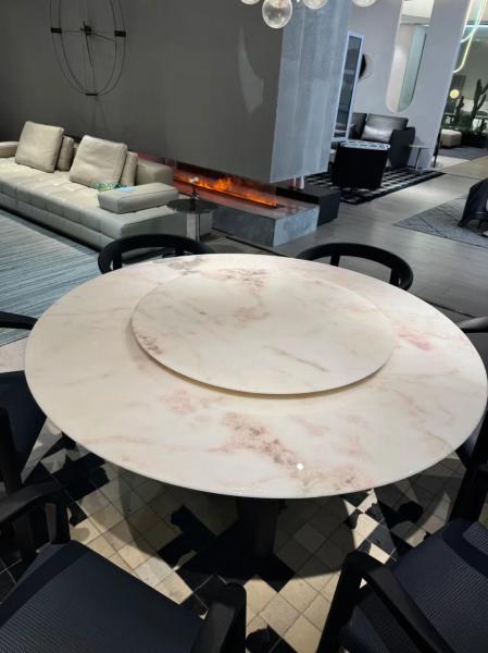 Elegant Tuscan Style Round Dining Table in Natural Marble Stone with White Pink Gray Veins for Modern Luxury Spaces