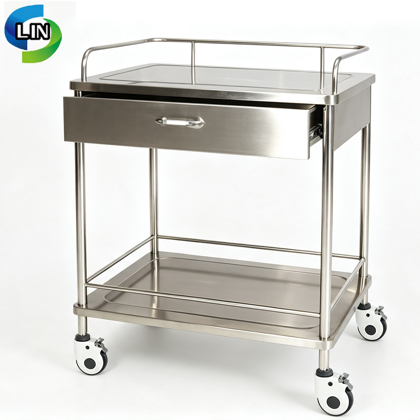 Stainless Steel Inner Frame Medical Treatment Cart with 3 Sides Guardrail and Independent Brake