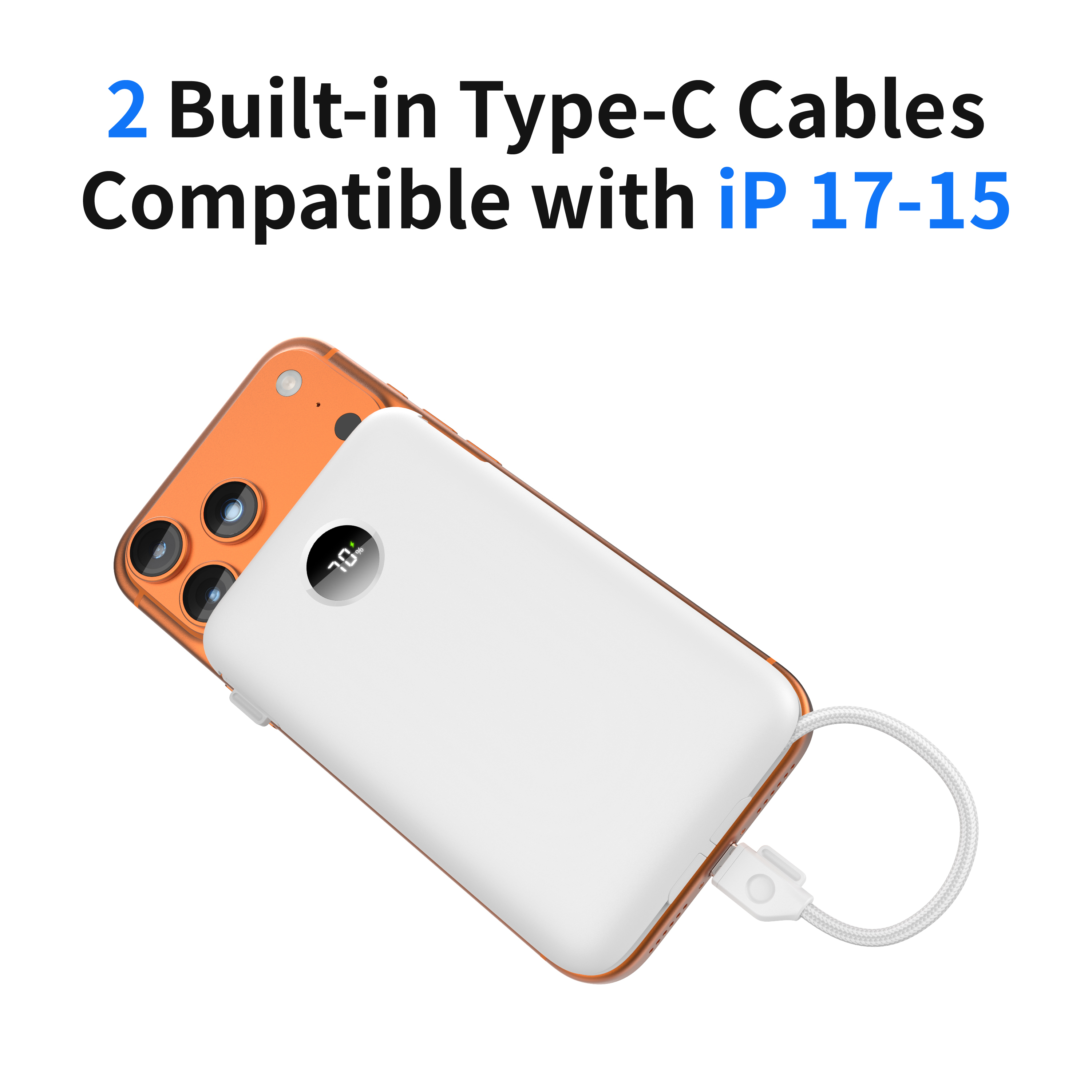 10000mAh Slim Portable Power Bank, Powerbank with 2 Built‑in Type‑C Cables PD 20W Fast Charging, USB‑A & USB‑C Port, Digital LCD Display Portable External Battery Pack
