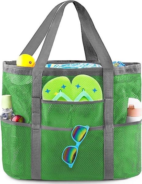 Mesh Beach Bag, Extra Large Beach Bags with 9 Pockets & Zipper Waterproof Lightweight Beach Tote for Beach/Pool Trip