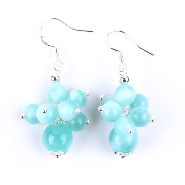Handmade Light Lake Blue Jade Healing Spiritual Round Bead Flower Dangle Earring For Jewelry Gift