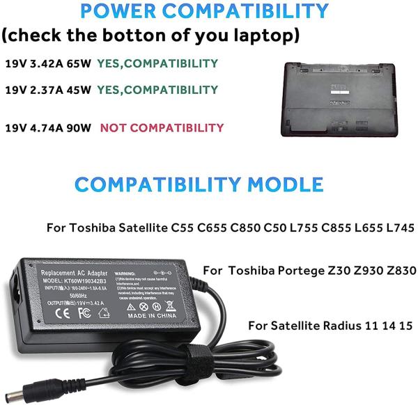 Toshiba Satellite Laptop Charger 65W 19V 3.42A 24 month Warranty