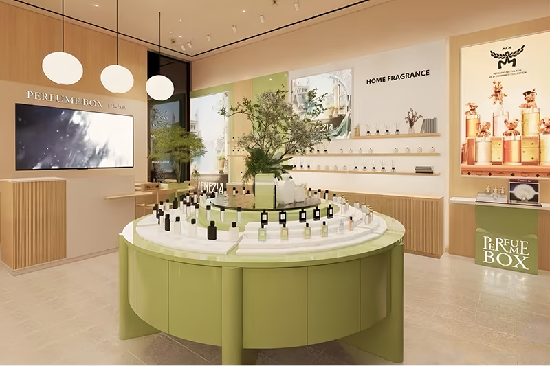 Minimalist Pastel Green Circular Perfume Display Cabinet With Wall Mount Storage Cabinets and Multi-Layer Classified Display