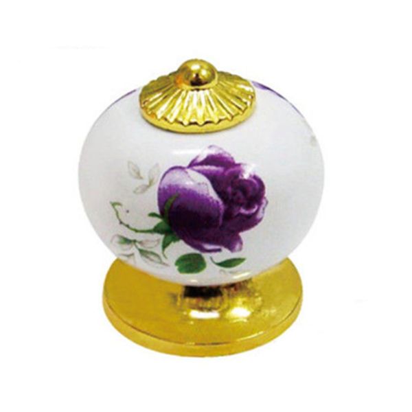 Diameter 33mm Round Ceramic Wardrobe Door Knobs Gold Plated Rose Pattern Porcelain Furniture Handles