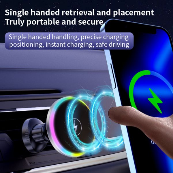 Красочные огни Автомобиль Беспроводная зарядка Магнитная вентиляция Автомобиль Телефонная подставка держатель 15W