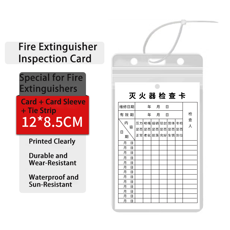 Fire Extinguisher Inspection Tag 9*13cm 300G Coated Paper 0.3mm Fire Equipment Check Record Card with PVC Holder & Cable Tie for Fire Safety Management