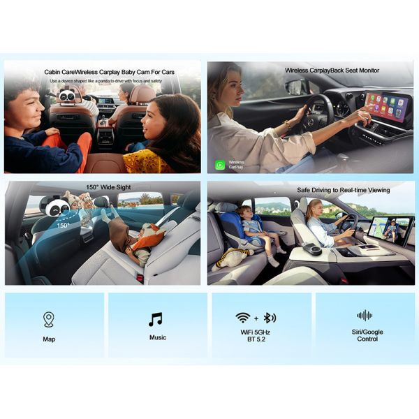 Yuecai New Portable Wireless In-car CarPlay Adapter Car Camera and Rear Seat Baby Monitor  