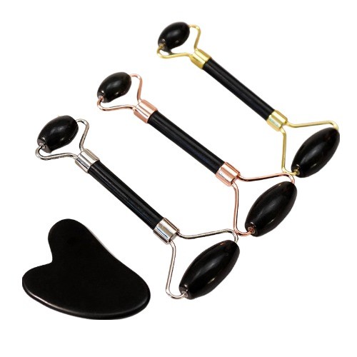 Muscle Massage Custom Black Bian Stone Gua Sha Scraping Board Guasha Face Roller Gift Box Set for Spa Skin Care Routine