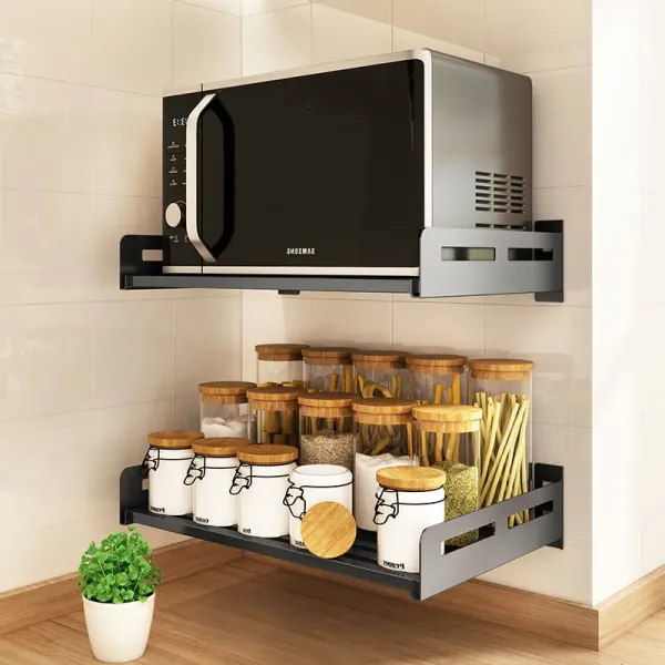Wall Mount Microwave Oven Shelf Rack for Kitchen Home, Stainless Steel Counter Countertop Holder with 5 Sliding Hooks