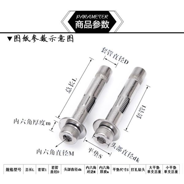 DIN Standard 304 Stainless Steel Countersunk Head Hex Socket Expansion Bolt Sleeve Anchors for Window or Door Frame Fixed in Silver