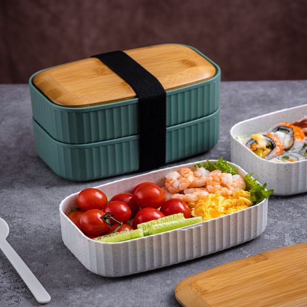 Food Grade Bamboo Lid 2-Layer Lunch Box Custom Cutlery Microwave Safe for Pizza Great
