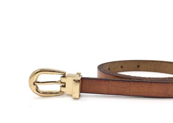 Female Chic Dress Belt Croco Embossed Genuine Leather With Polished Gold Buckle