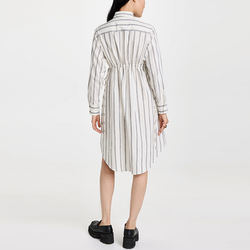                  Ladies Collared Neck Dresses Long Sleeve Side Pocket Cotton Striped Print Shirt Dress for Women             