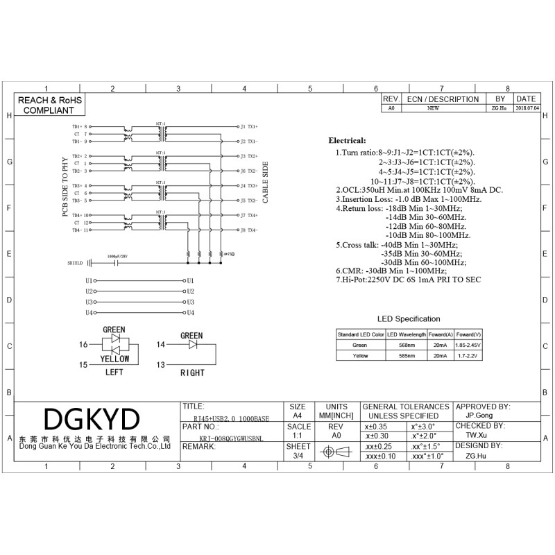 Gigabit RJ45 Connector RJ45+USB2.0 Socket with LED No Spring KRJ-008QGYGWUSBNL