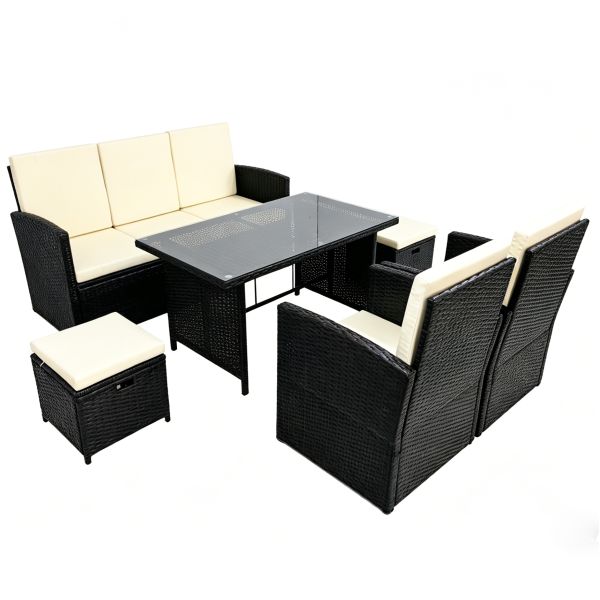Outdoor Garden and Patio Furniture Set Dining Table and Chairs Rattan  2 Seat and Single Armchair 2 Pieces Stool 1 Piece Table