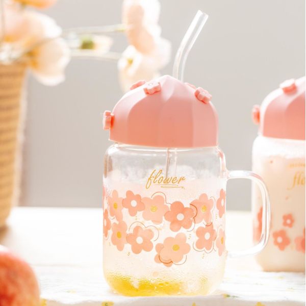 High Appearance Level Cherry Blossom Glass Cup With Straw Silicone Lid Cute Flower Girl Drinking Cup