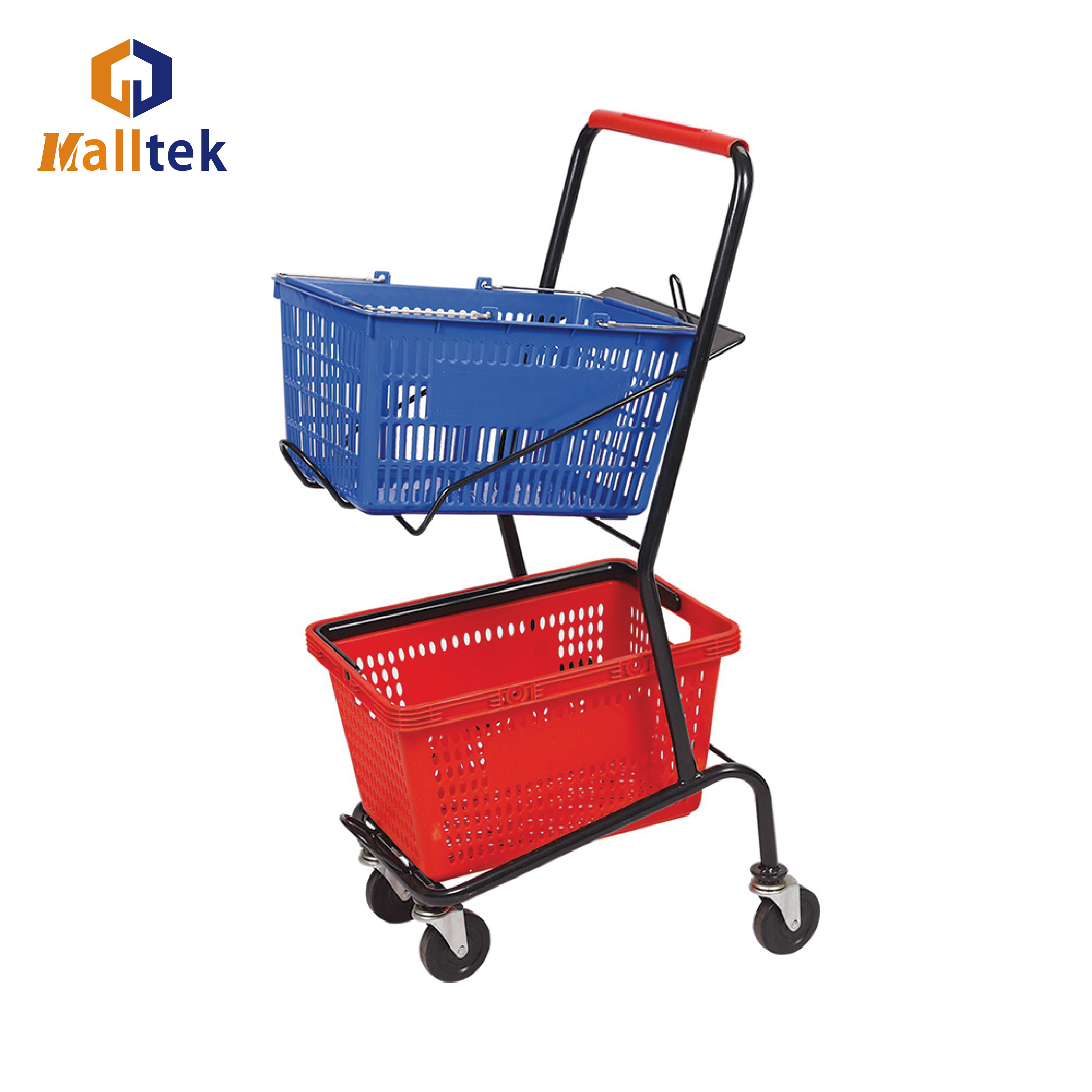 2 Tier Supermarket Shopping Trolley Basket Cart with Durable Zinc Powder Coated Finish and Custom Logo Printing for Grocery
