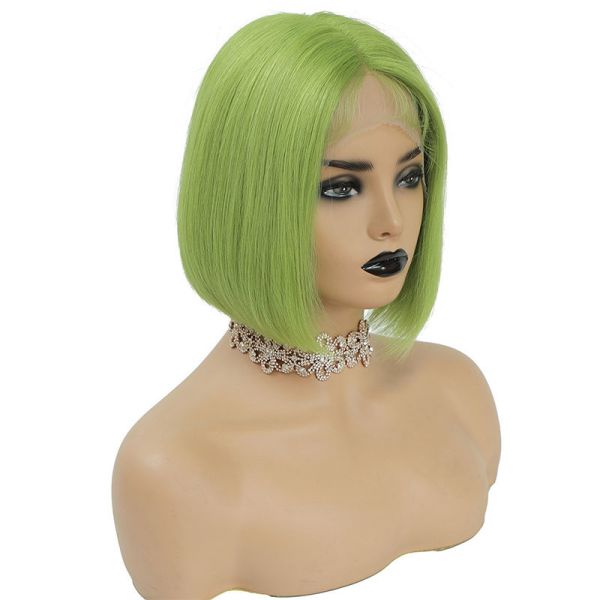 Green Color Brazilian Human Hair Short Bob Wigs 10inch with Baby Hair and HD Lace Frontal