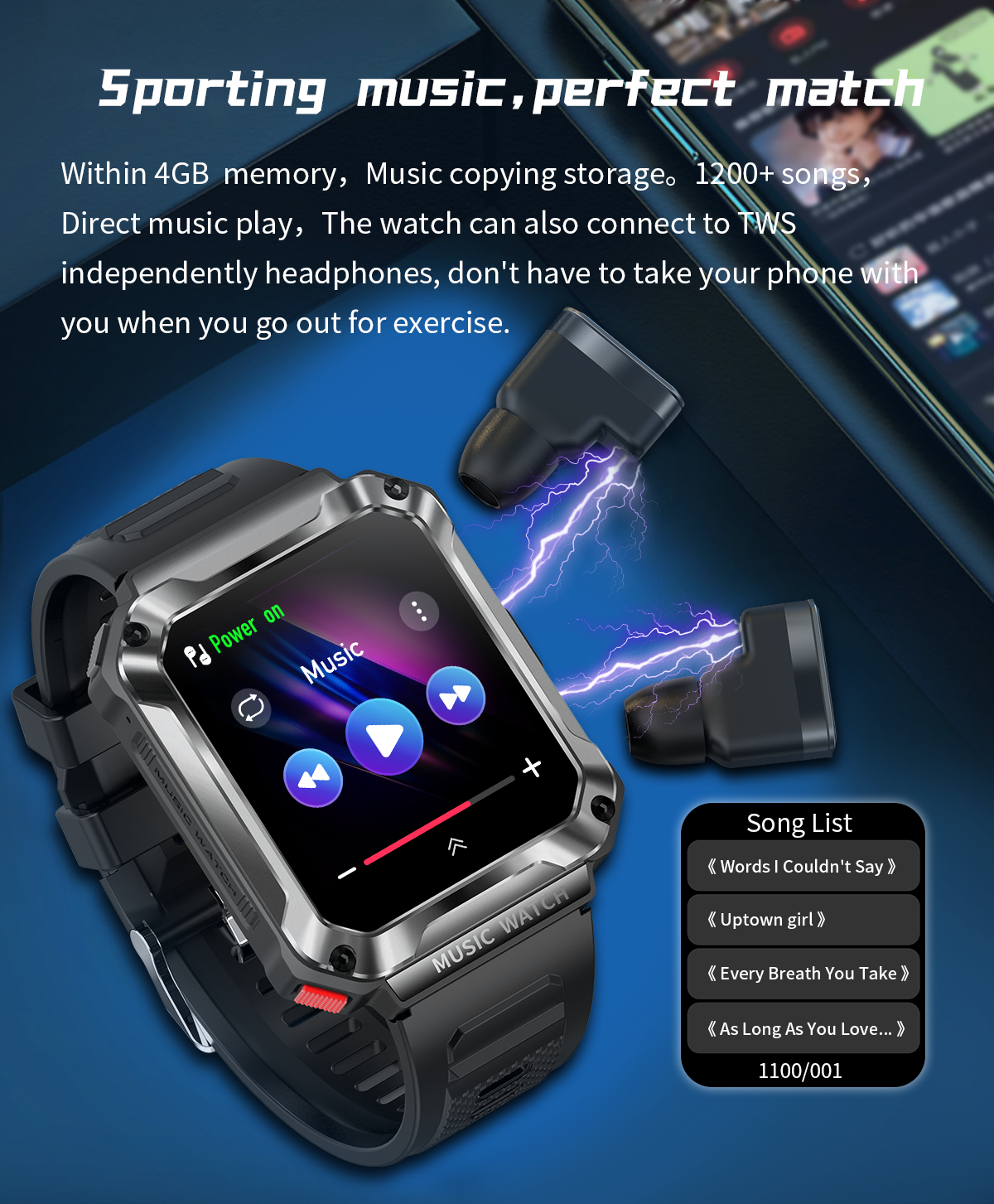 Newly Sport TWS Smartwatch 3in1 Music Player 4GB Memory 400Mah Call Men Watch With Headphones T93 Smart Earphones
