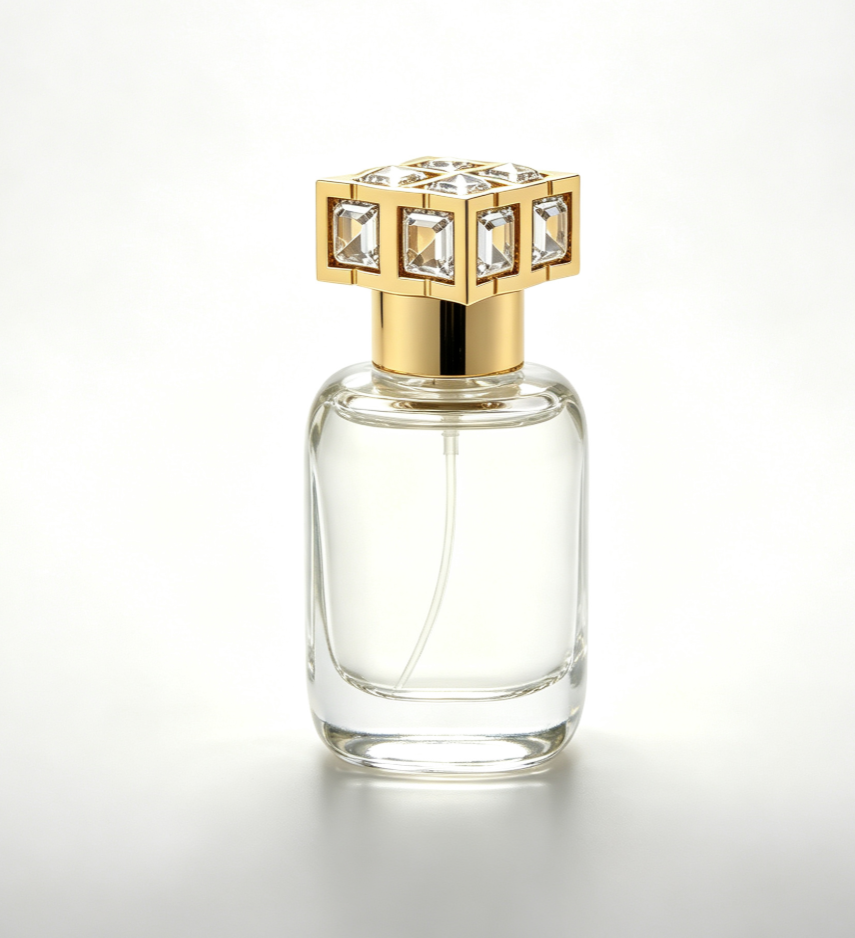 Luxury Fan Shaped Zamac Perfume Cap with Inlaid Red Crystal Gold Plated Fragrance Bottle Lid