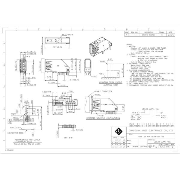 LCP UL94V-0 A Micro USB Socket Connector Female PCB Mount ODM