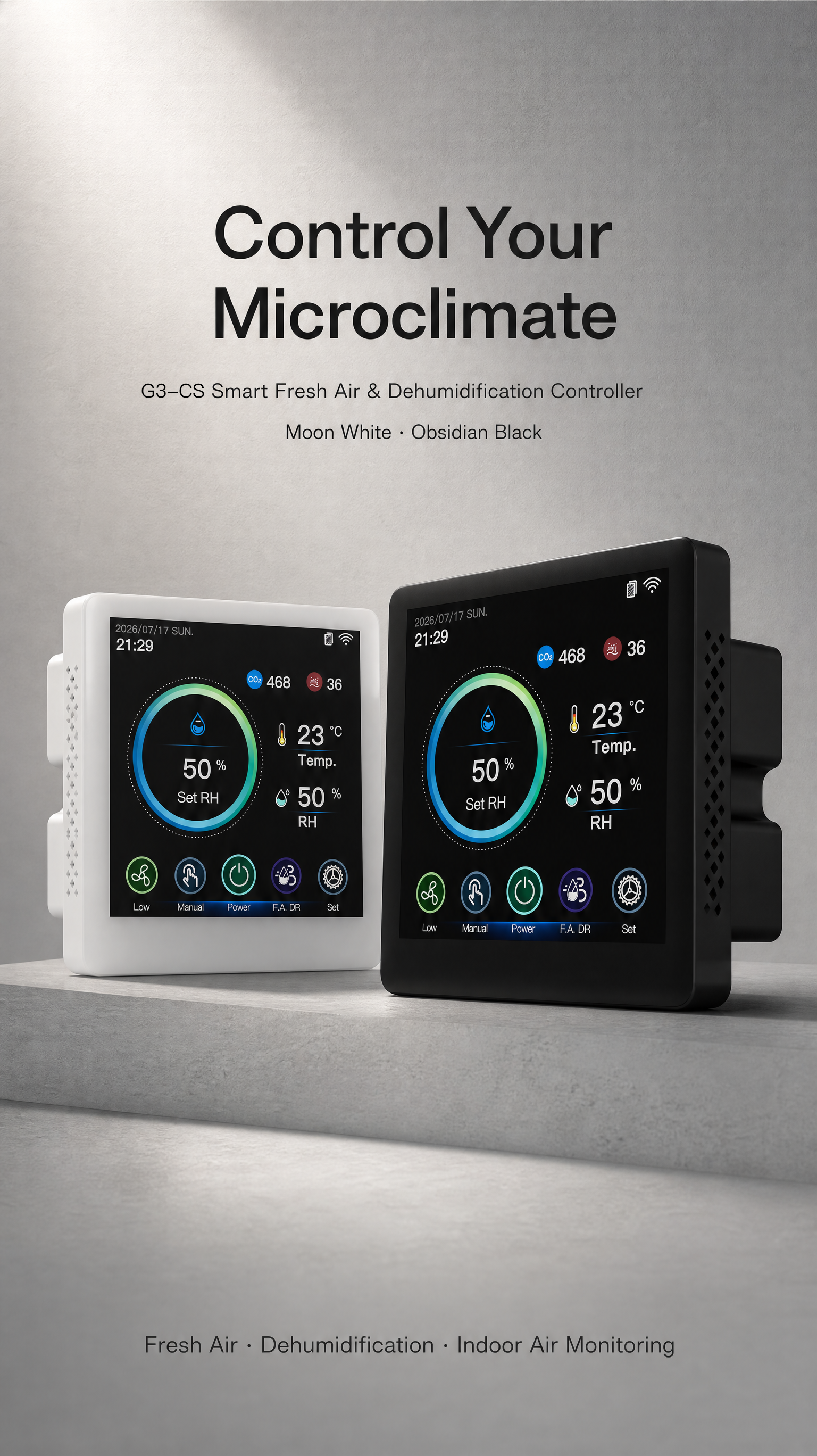 2-in-1 Fresh Air and Dehumidification Smart HVAC Controller with AC EC DC Fan Compatibility and Built-in Temp Humidity PM2.5 CO2 Sensors