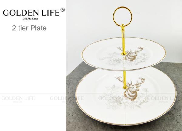 Tableware Two Tier Ceramic Fruit Plates With Gold Metal Stand Wapiti Pattern