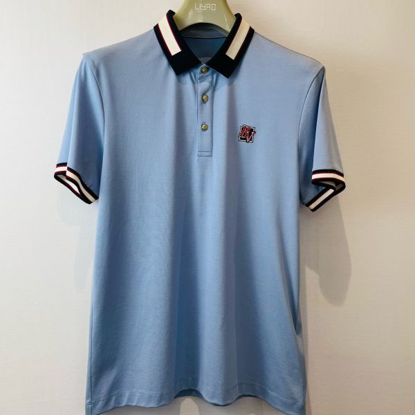 Men's Light Blue Polo Shirt with Contrast Collar &Embroidered Logo Business-Casual Style Men's Pique Polo Shirts