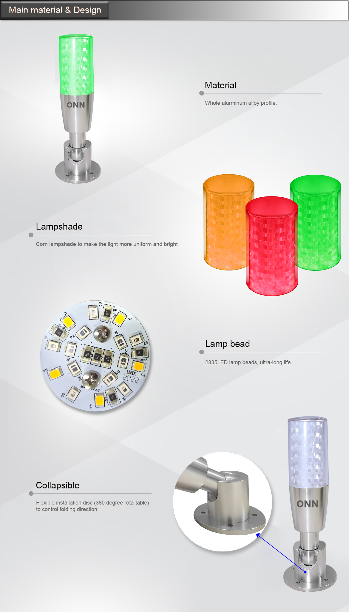 ONN-G4T-A Full Aluminum Body LED Signal Tower Light With Foldable 360° Rotary Base And IP53 Dustproof Rating