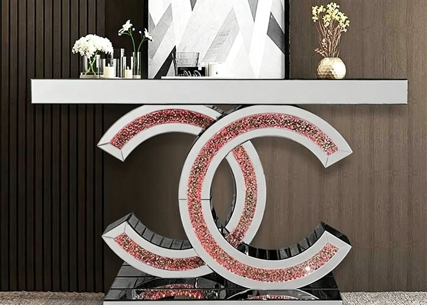 JSF627 LED Diamond Console Table with Silver Mirror Finish and 120X35X78CM Dimensions