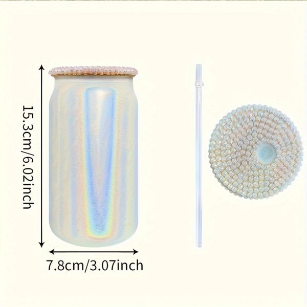 16 oz Glitter Iridescent Glass Water Tumbler botella de vidrio de beber con tapa de bambú para el café helado jugo de cerveza soda