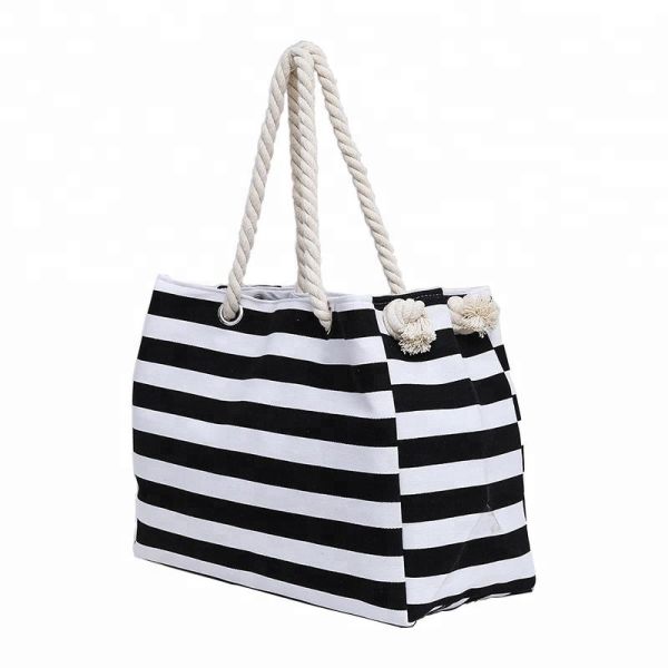 Large Capacity Canvas Striped Bag , Heavy Duty Ladies Beach Bag OEM Accepted
