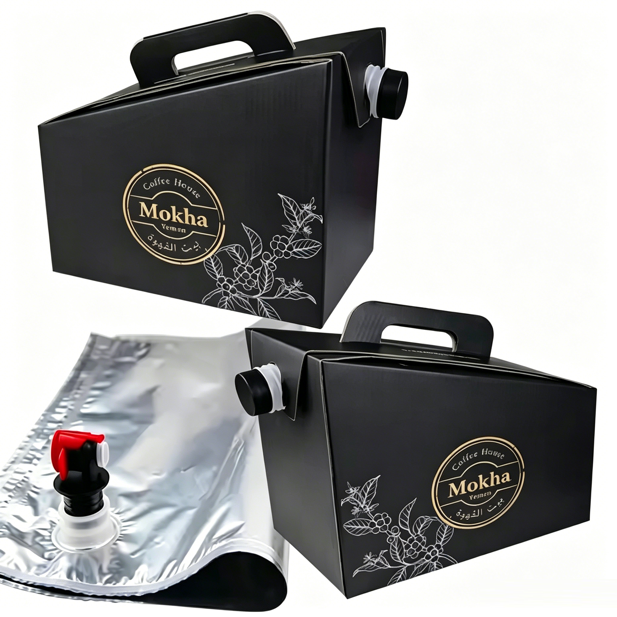 Custom Printed Black Coffee Box With Handle & Aluminum Foil Bag In Box Tap Liner | Disposable Bag In Box Coffee Packaging Set For Cold Brew & Liquid Coffee