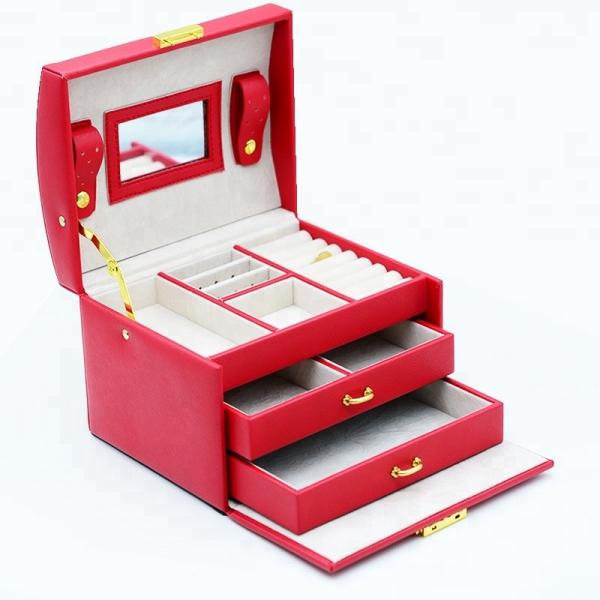 Travel / Gift Red Leather Jewelry Box Durable With Mirror Multi Components
