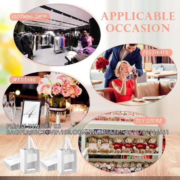 Paper Gift Bags With Clear Window Flower Bouquet Bags for Present Bridal Shower Festivals Party (White)