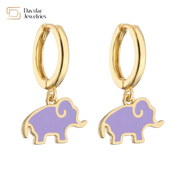 Cute Colorful Enamel Elephant Bear Mushroom Pendant Charm Hoop Earrings 18k
