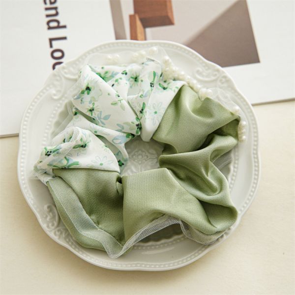 Summer patchwork acrylic beads color floral satin beaded hair scrunchies hair accessories Ins horsetail rubber band