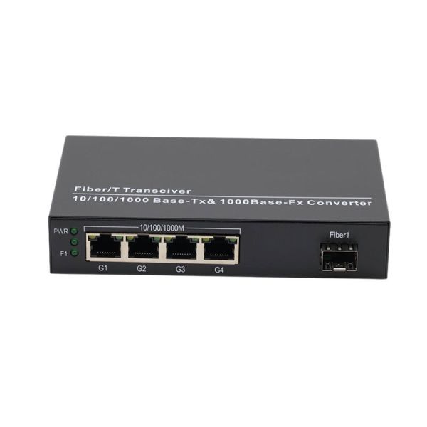 Gigabit SFP Fiber Media Converter 4 RJ45 Ports 10/100/1000Mbps Ethernet Extender