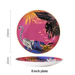 Jungle Animal Pattern Ceramic Plate Set Round European Style For Home Party