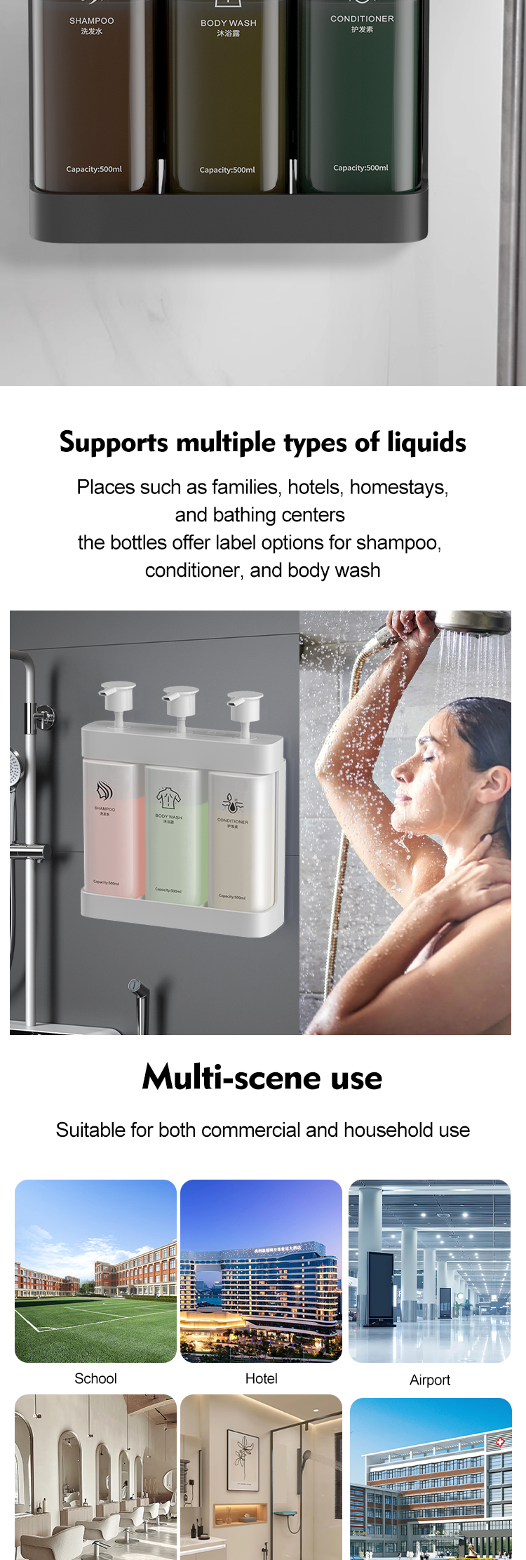 Wall Mounted Triple Pump Manual Soap Dispenser with Key Lock for Hotel Bathroom