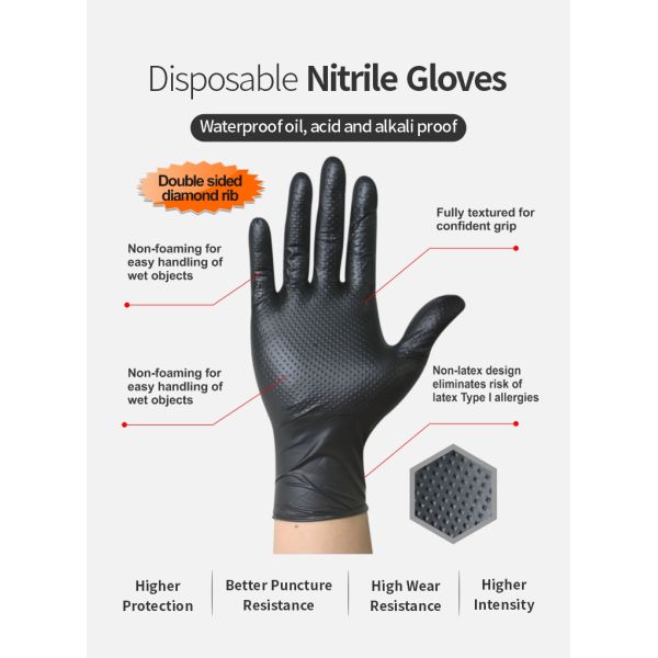 Diamond Dotted Black Nitrile Gloves