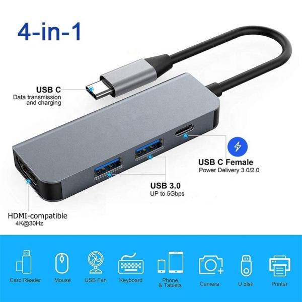 Station d'accueil USB-C 4 en 1 avec 4K HDMI USB 3.1 USB 3.0 et port de charge PD