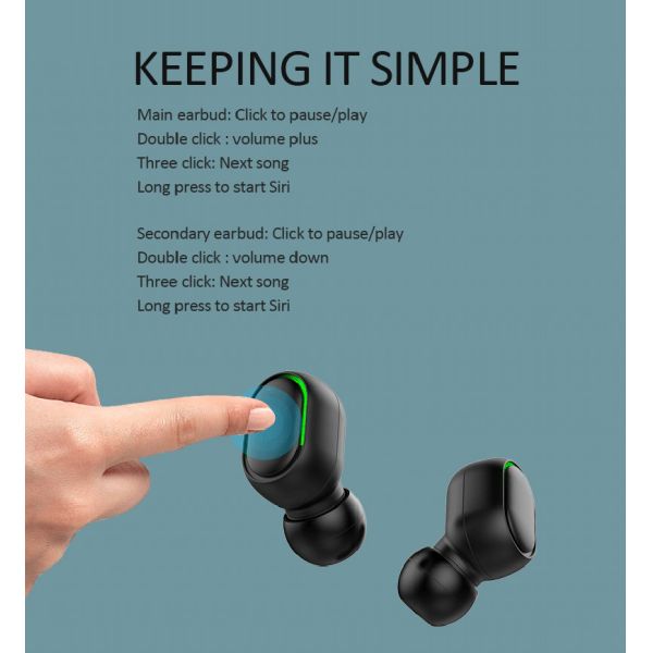 Wireless Earphone In Ear TWS Stereo Gaming Earbuds Bluetooth 5.0 Waterproof IPX-5 with 1-3 Hours Battery Charging Time