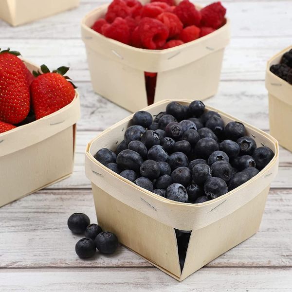 Silk-Screen Printed 5.75-Inch Square Vented Wooden Berry Baskets for Fruit Picking