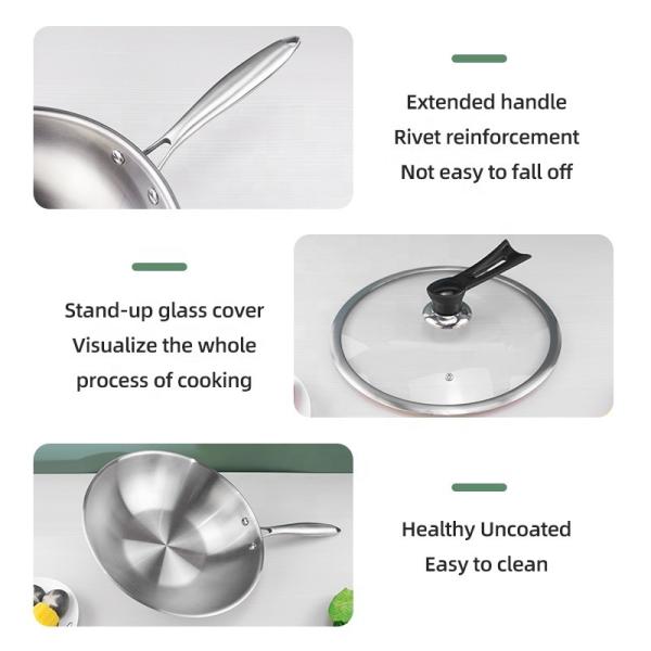 Customized Kitchen 18/8 Stainless Steel Wok Tri-ply Non-stick Frying Pan Honeycomb Wok With Glass Lid