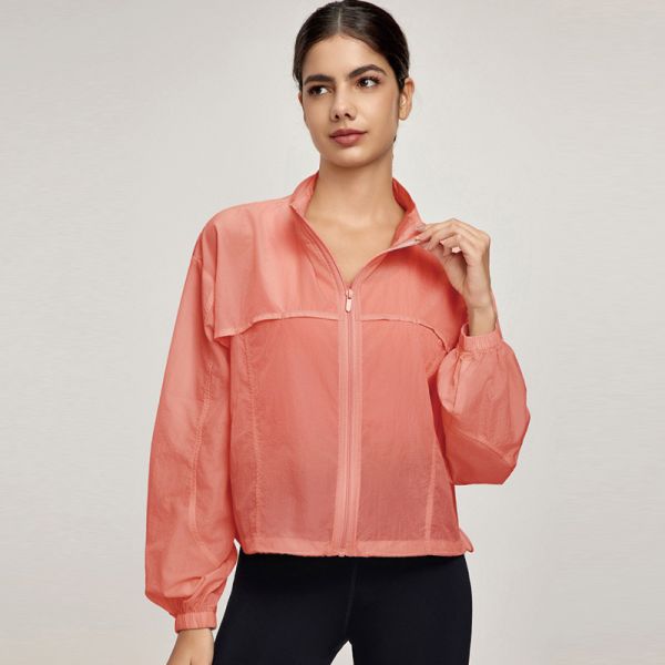 Women's Coral Sheer Nylon Windbreaker Jacket Full Zip Loose Fit for Outdoor Sports