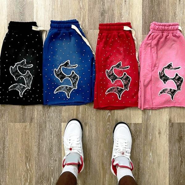 Logo imprimé sur écran sur mesure en strass Pocket Acid Wash Vintage Shorts pour hommes Sweat Cotton Shorts français Jogging Shorts en coton